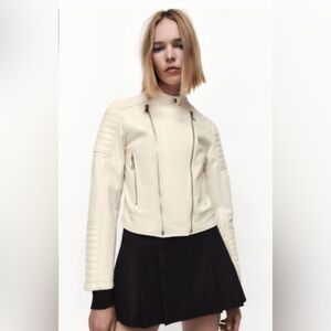 ZARA Vegan Faux Leather Motorcycle Moto‎ Zippered Jacket in Winter White Size XL